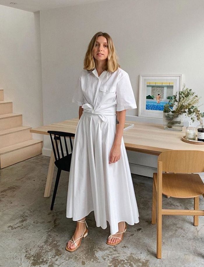 white boyfriend shirt and midi dress work from home outfit