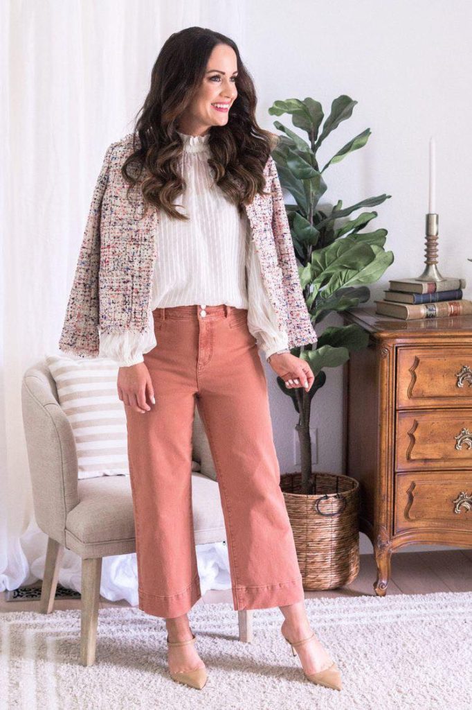 white chiffon blouse and culotte pants work from home outfit