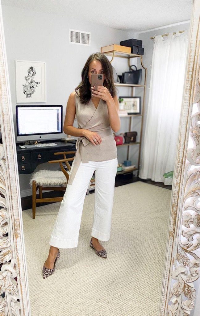 wrap top and culotte jeans work from home outfit