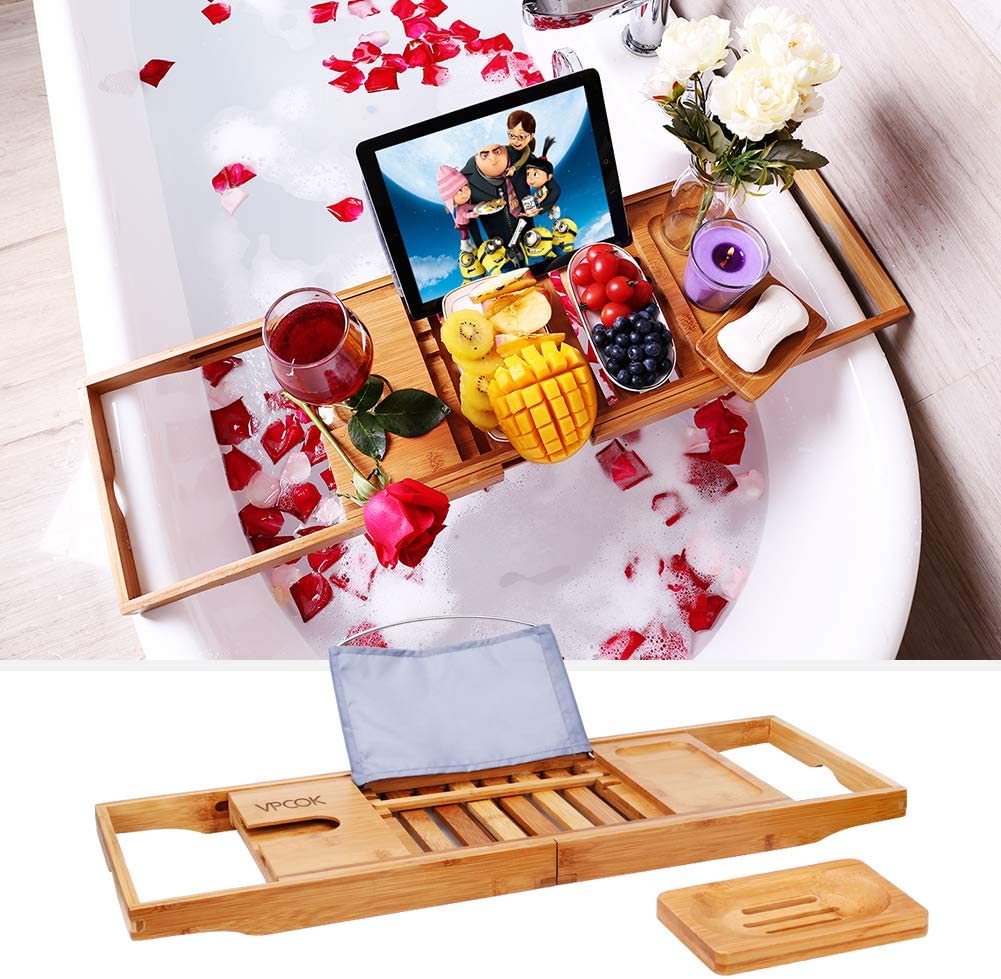 Enjoy a relaxing bath at home in style with a convenient bamboo bath tray.